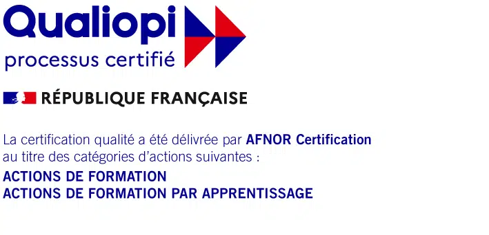 Logo officiel Qualiopi processus certifié par AFNOR Certification pour les actions de formation et de formation par apprentissage de la République Française