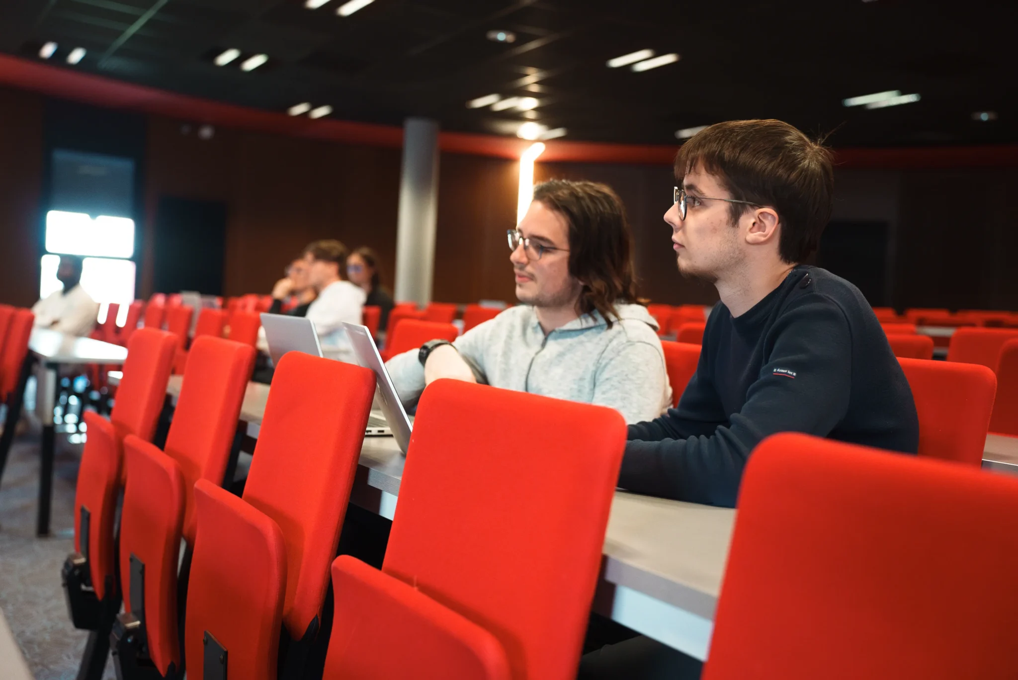 Étudiants attentifs sur ordinateur dans l'amphithéâtre pendant les cours de Licence AEF au Campus Saint Aubin La Salle